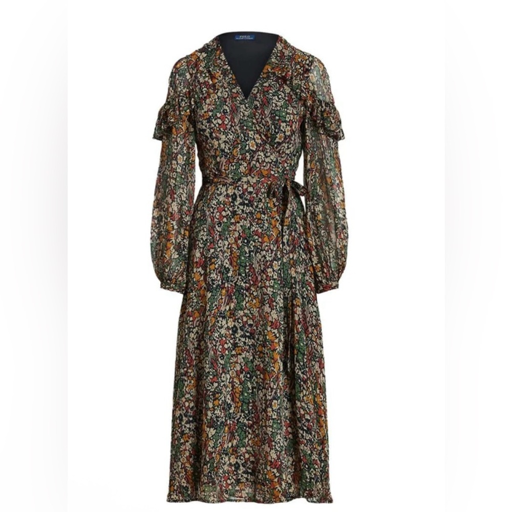 Ralph Lauren Junia Crinkled Floral Long Sleeve Wrap Dress